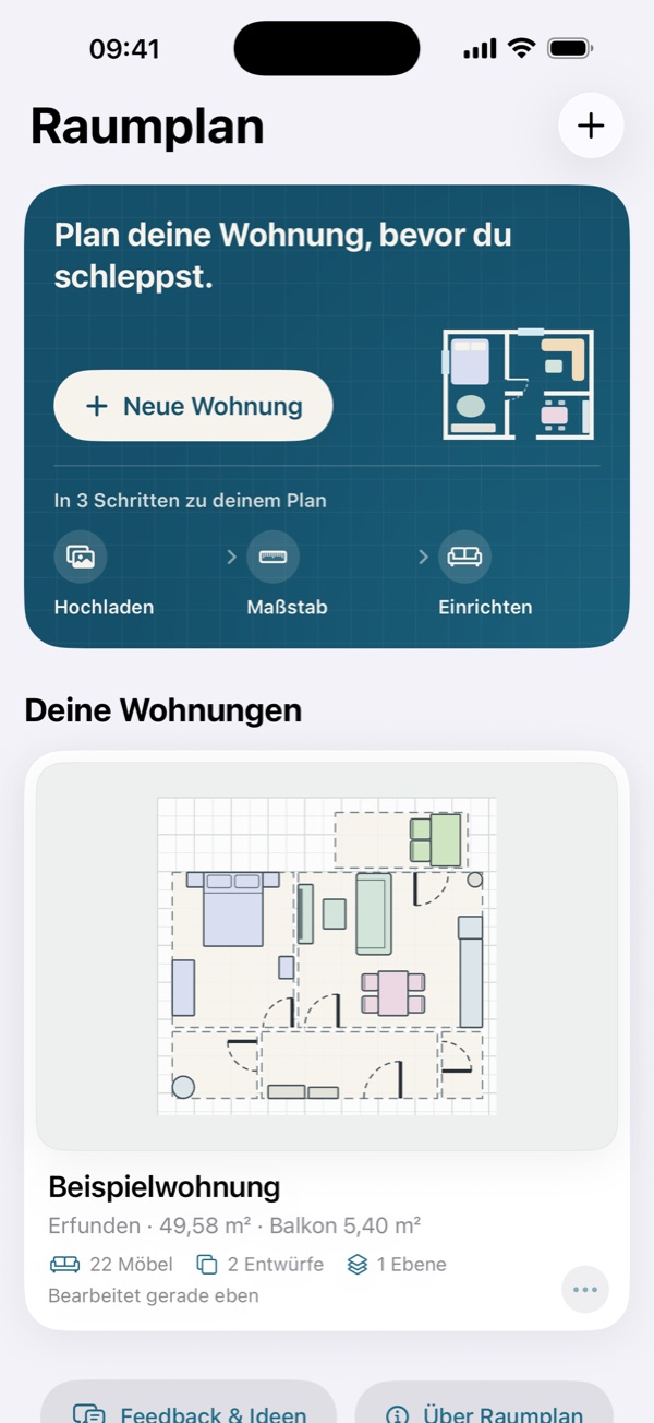 Raumplan: Startbildschirm mit der Beispielwohnung