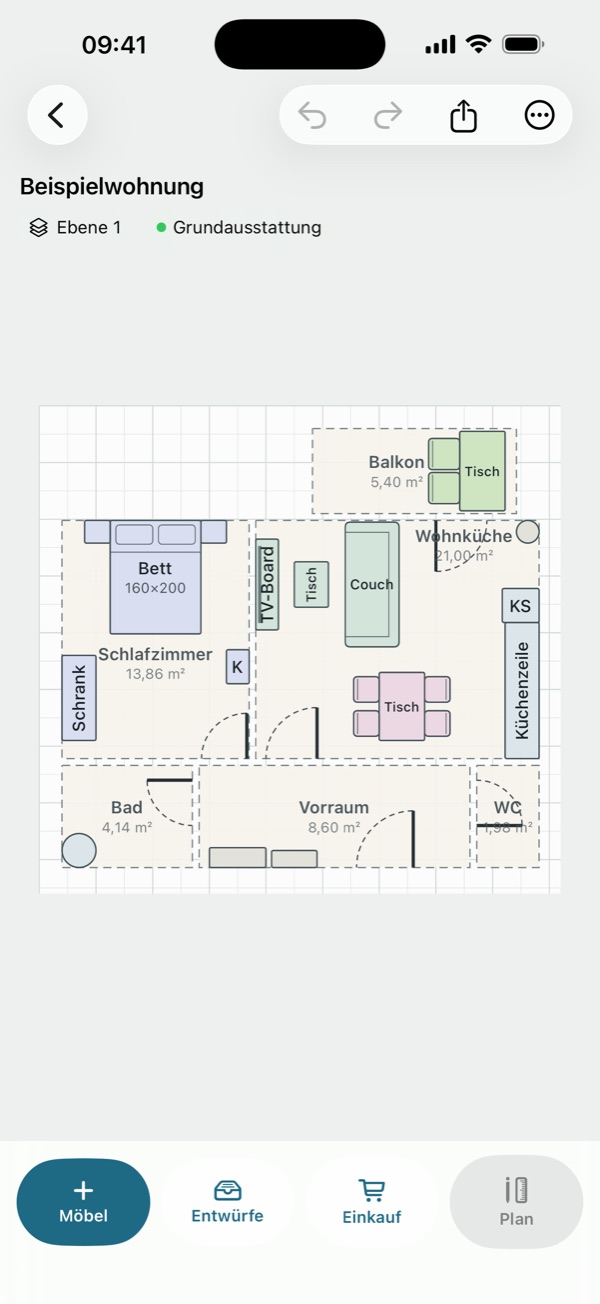 Raumplan: Grundriss einer Beispielwohnung mit Möbeln