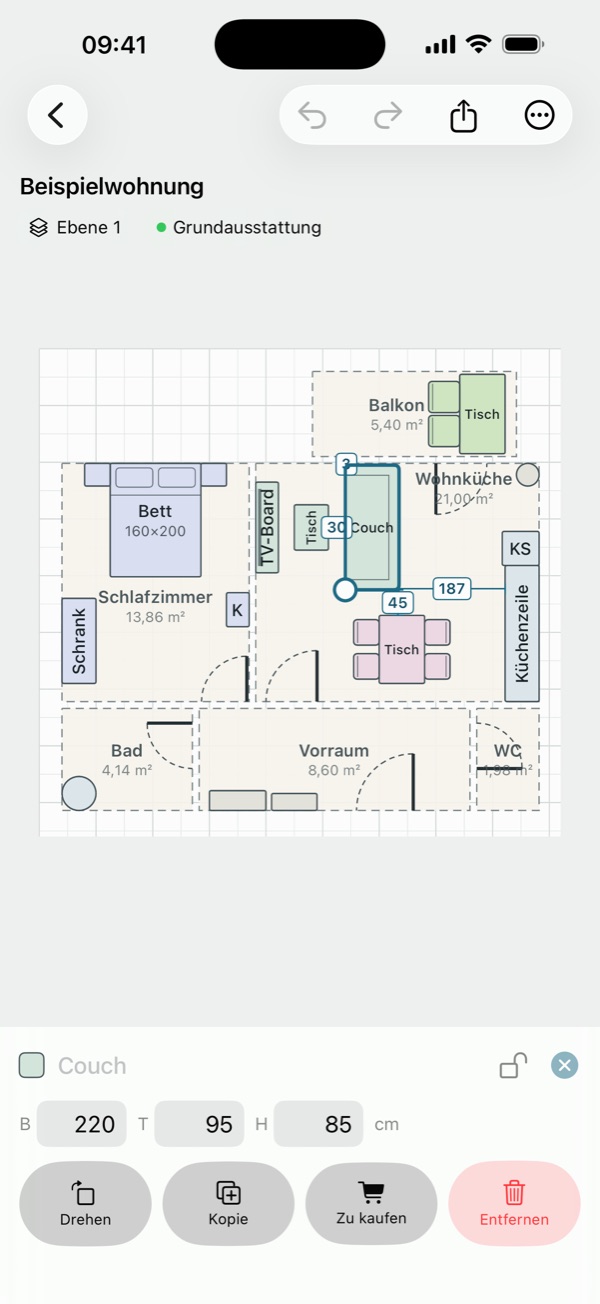 Raumplan: eine Couch im Grundriss ausgewählt, mit Breite, Tiefe und Höhe