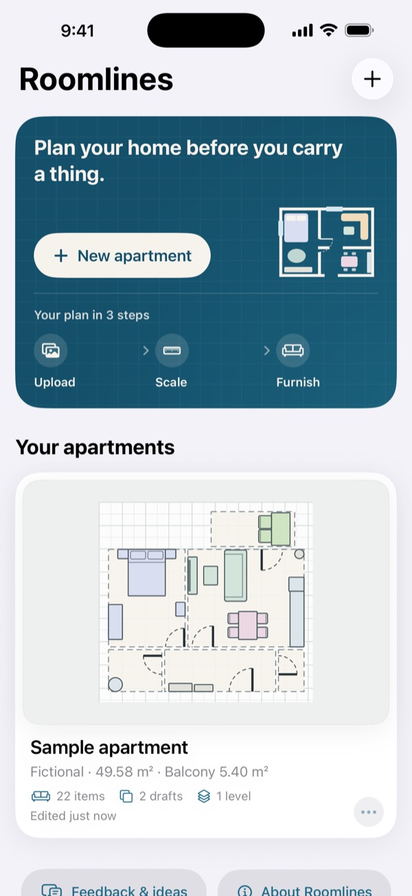 Roomlines: start screen with the sample flat