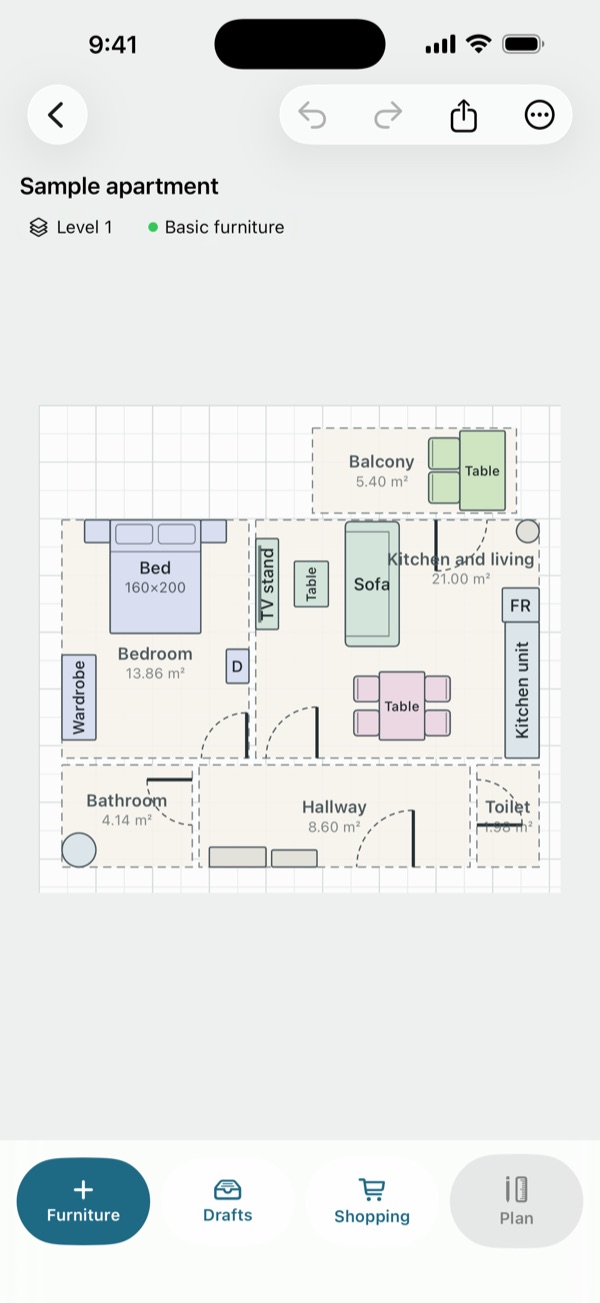 Roomlines: floor plan of a sample flat with furniture
