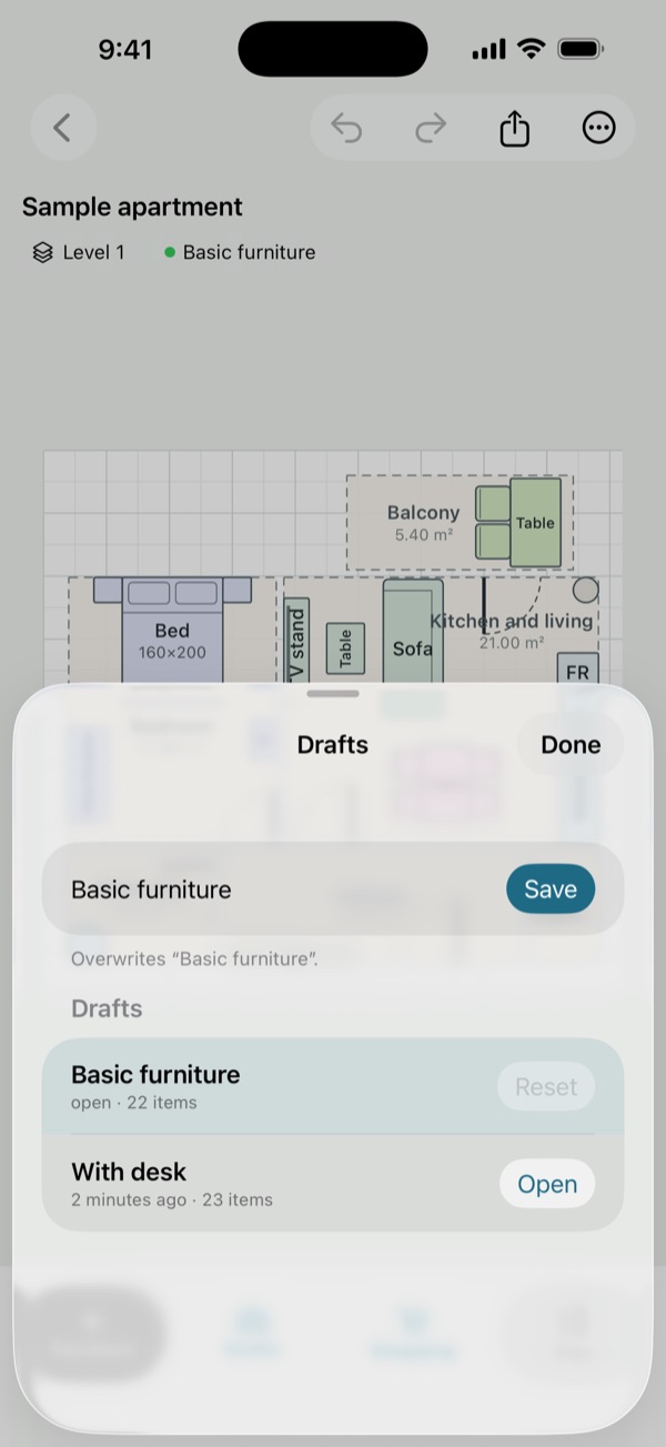 Roomlines: save and open layouts of a flat