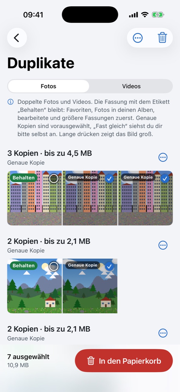 Speicherputz: doppelte Fotos in Gruppen, die Fassung mit dem Etikett „Behalten“ bleibt